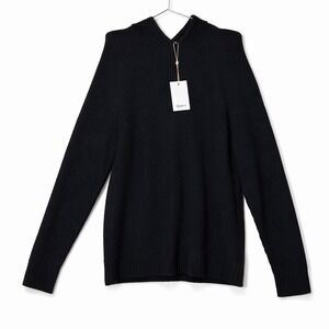 NWT Quince Black Ribbed Knit Hooded 100% Cashmere Sweater Men's Long Sleeve